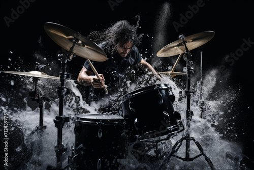 Drummer using drum sticks hitting snare drum with splashing water on black background 