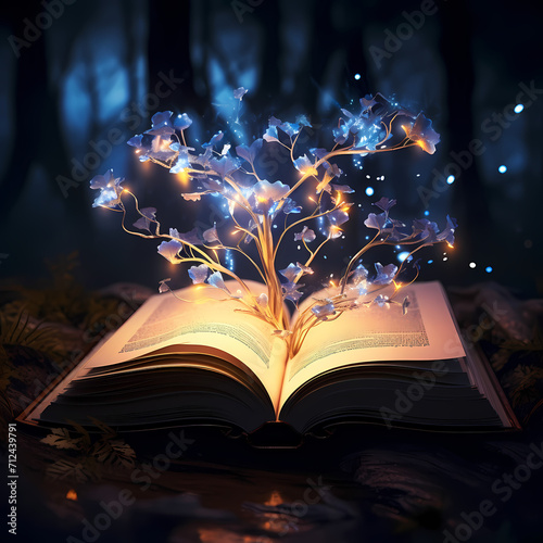 A magical book opening with glowing pages.