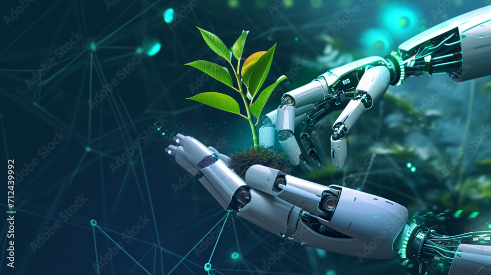 Green Technology, Technology and Futuristic Ethic Business Concept, Robot holding a plant, Anti-global warming economy
Green Technology, Technology and Futuristic Ethic Business Concept, Robot holding a plant, Anti-global warming economy