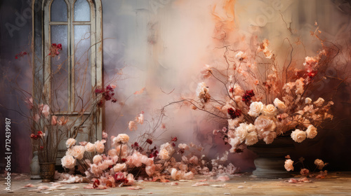 Create enchanting visuals with this studio photo backdrop, featuring an empty, blank stage, soft flowers, and a play of captivating ambient light