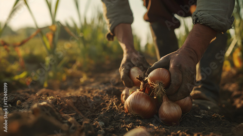 Imagen de un agricultor recolectando cebollas de la tierra