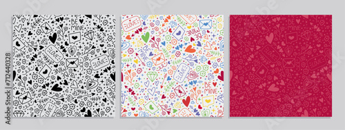 Valentine's Day. Set of vector seamless pattern with hand-drawn doodles. Pattern for fabric, textile, wrapping paper, wallpaper, wedding backdrop, invitation card.