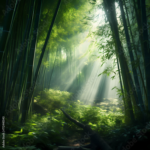 A tranquil bamboo forest with sunlight filtering through. © Cao