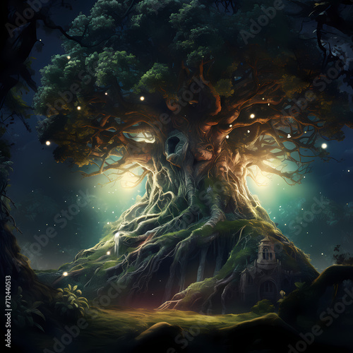 A wise old tree in the middle of a magical forest.