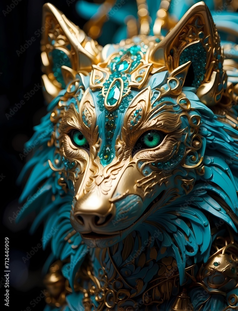 Fototapeta premium Mystical Reverie: Ethereal Wolf Portrait in Teal, Emerald, and Gold Symphony Generated with AI