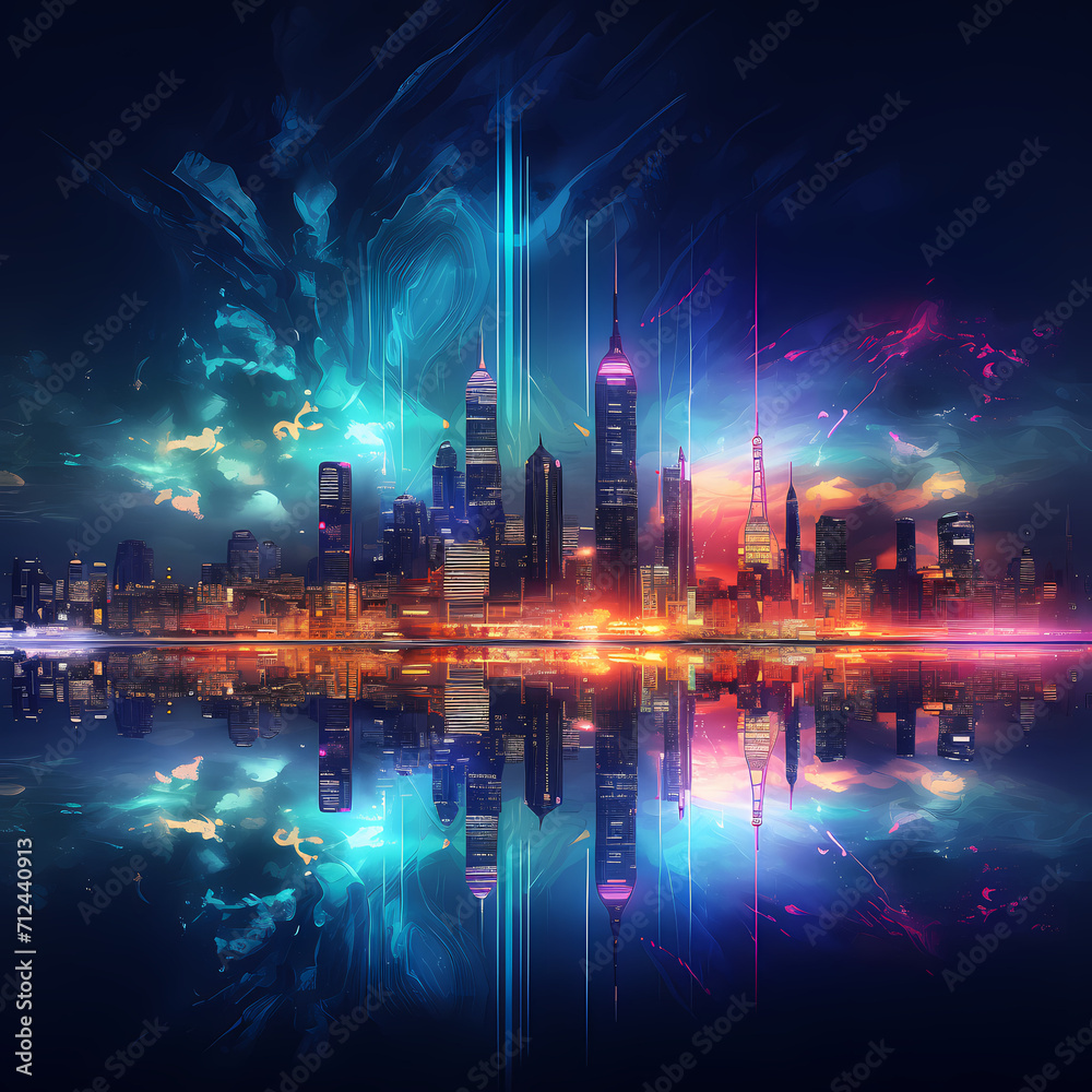 Abstract city skyline with neon lights and reflections.