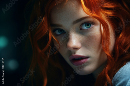 Face of girl with red hairs looks up in dark