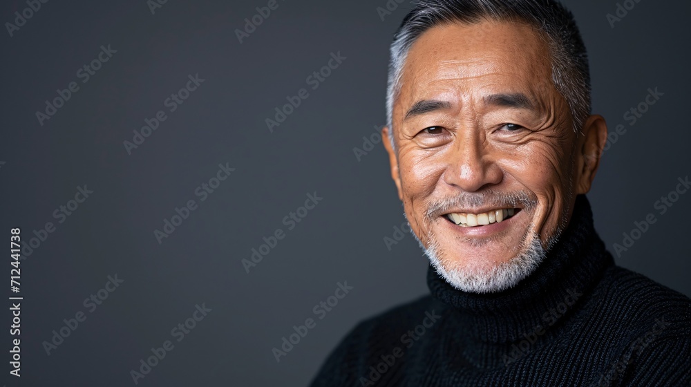 Elderly Asian gentleman in a dark pullover grinning joyfully facing the lens. Elderly Asian gentleman in a dark pullover grinning joyfully facing the lens.