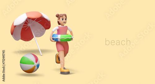 Girl with inflatable circle runs on sandy beach. Concept of children recreation near sea  ocean  lake. Advertising banner with illustration in positive style. Children summer camp  tours for families