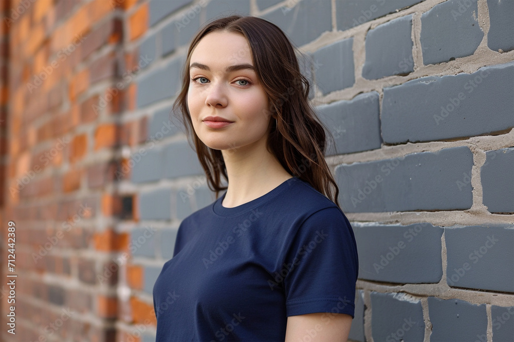 Navy-blue t-shirt mockup wearing by a female model - Round neck t-shirt mockup Navy-blue t-shirt mockup wearing by a female model - Round neck t-shirt mockup