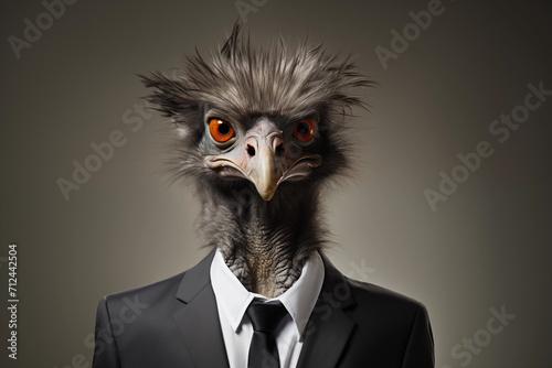 Portrait of a tousled ostrich wearing glasses and a business suit. Anthropomorphic animals concept.