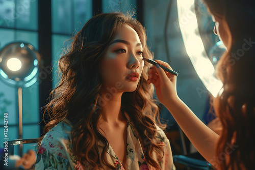 portrait of a woman having a make up done by make up artist
