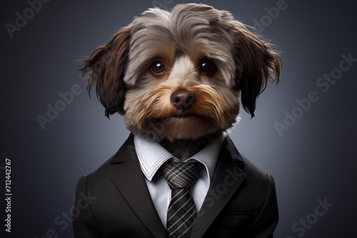 Yorkshire Terrier dog in a suit and tie on a gray background. Anthropomorphic animals concept