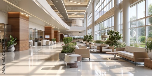 Visuals of a spacious and welcoming hospital lobby with comfortable seating areas photo