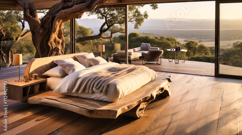 Nature-Inspired Relaxation: Cozy Bedroom with Wooden Elements, Green Plants, and Rustic Decor