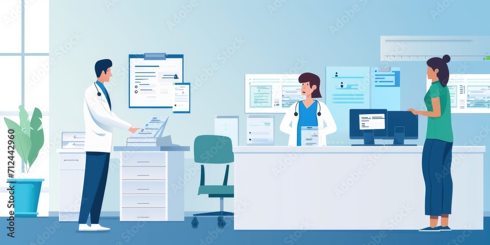 Illustrations of staff scanning documents and updating patient records in the system