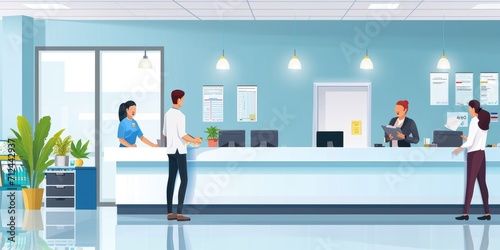 Graphics showing a busy yet organized front desk with staff attending to various tasks