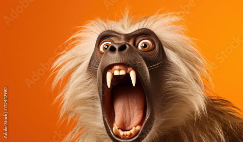 Portrait of a hamadryas baboon showing his teeth. Open mouth. Orange background photo