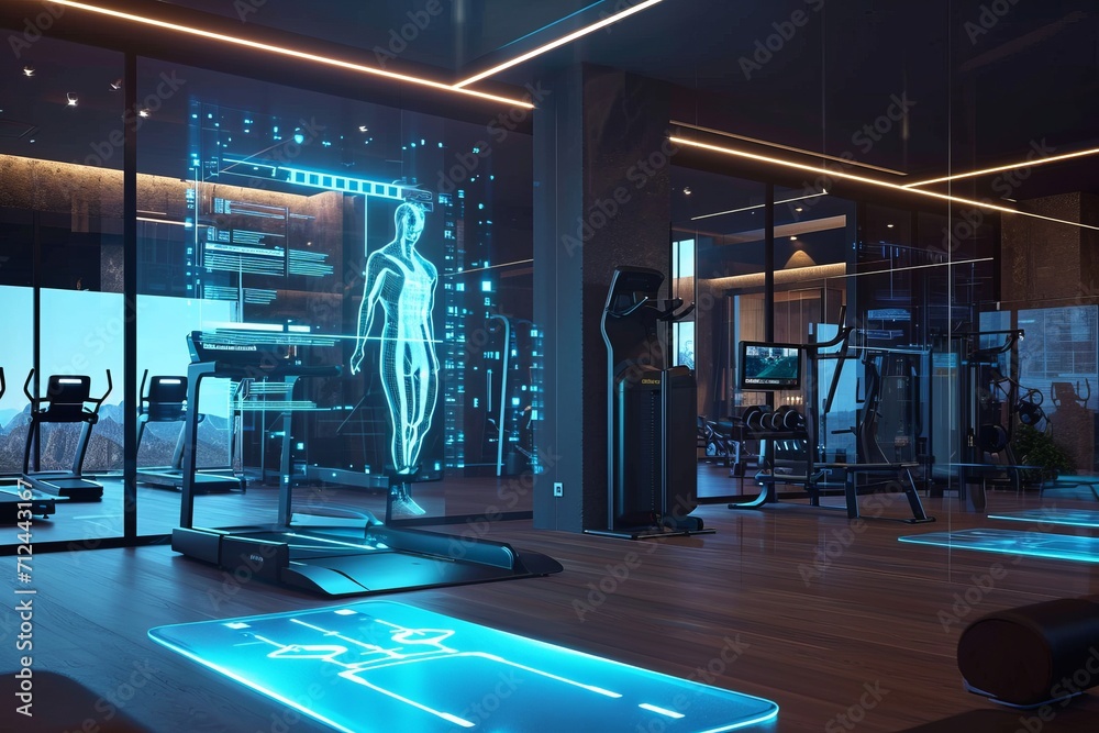 Future and Innovation in sport and training. Ai hologram virtual trainer trains a real person in a modern fitness center - obrazy, fototapety, plakaty 