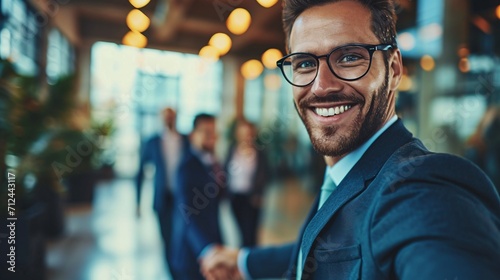 Businessman greeting new staff member and offering a handshake in contemporary workplace with coworkers in the backdrop.