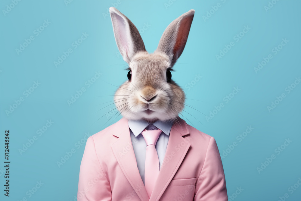 Easter bunny in pink suit and tie on a blue background. Anthropomorphic animals concept.
