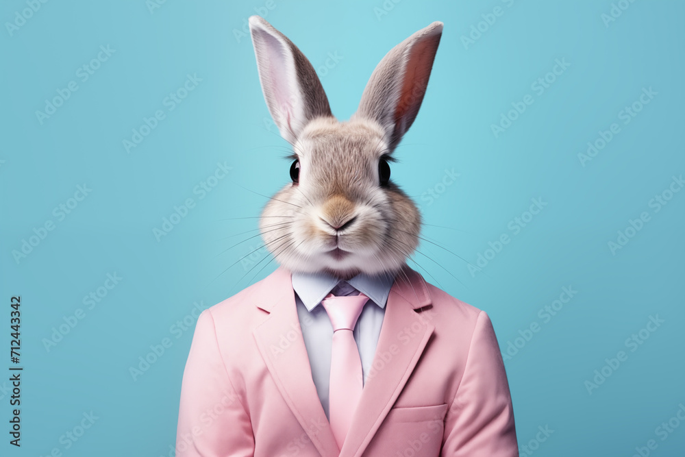 Easter bunny in pink suit and tie on a blue background. Anthropomorphic ...