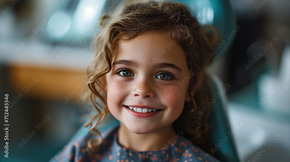Cute Girl Smiling and Showing Healthy White Teeth Sitting on a Dentist's Chair at a Dental Appointment. Oral Care Awareness. Cute Girl Smiling and Showing Healthy White Teeth Sitting on a Dentist's Chair at a Dental Appointment. Oral Care Awareness.