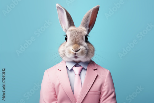 Easter bunny in pink suit and tie on a blue background. Anthropomorphic animals concept. © Татьяна Евдокимова