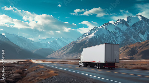 A white cargo truck with a white mock up side and back of white trailer for advertisement driving on a highway with mountain and natural view photo
