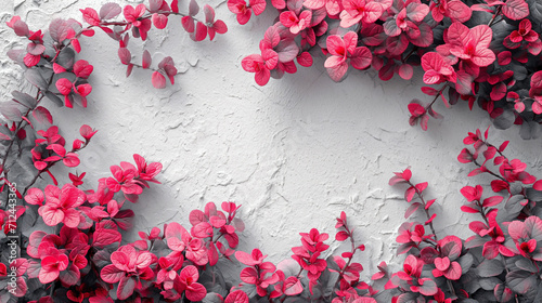The white background imagea row of pink and gray flowers on a white wall. photo