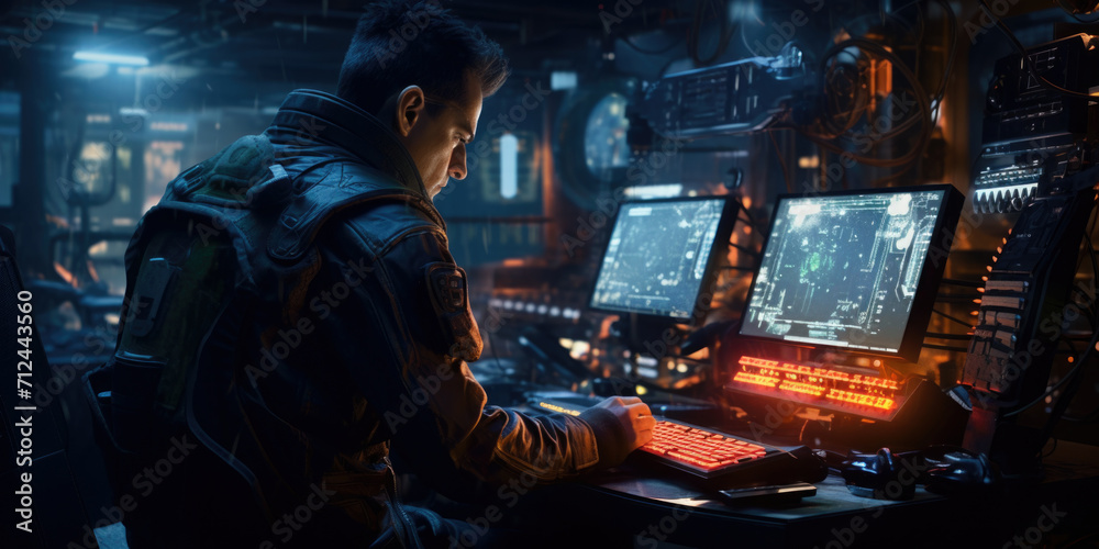 Foto de Back View of the Male Computer Engineer and Scientist Create ...