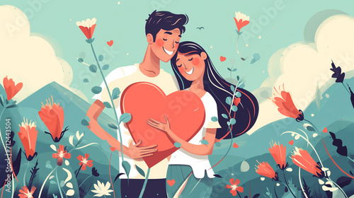 Couple with love and heart with character design trendy and flat style. Generative ai.