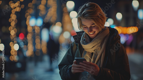 a woman using a cell phone smiling on the street at night