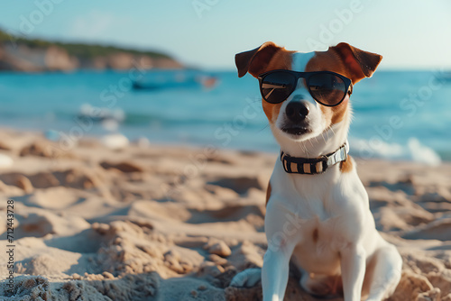jack russell terrier on the beach wearing a sunglasses © M
