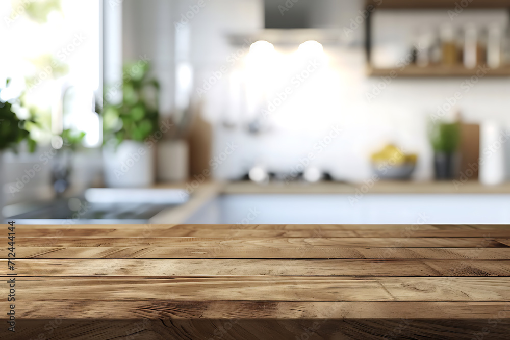 a wooden table with kitchen background a wooden table with kitchen background