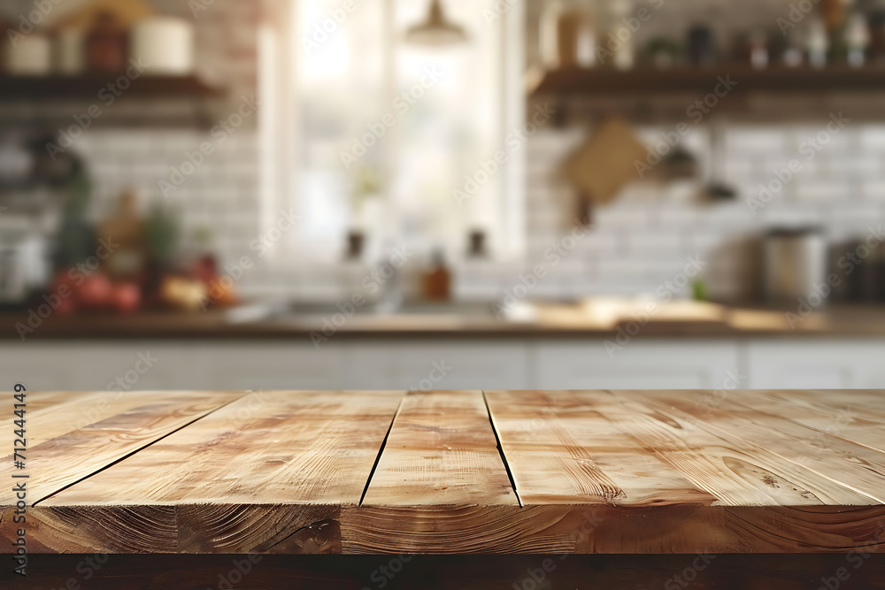 wooden table with blur kitchen background wooden table with blur kitchen background