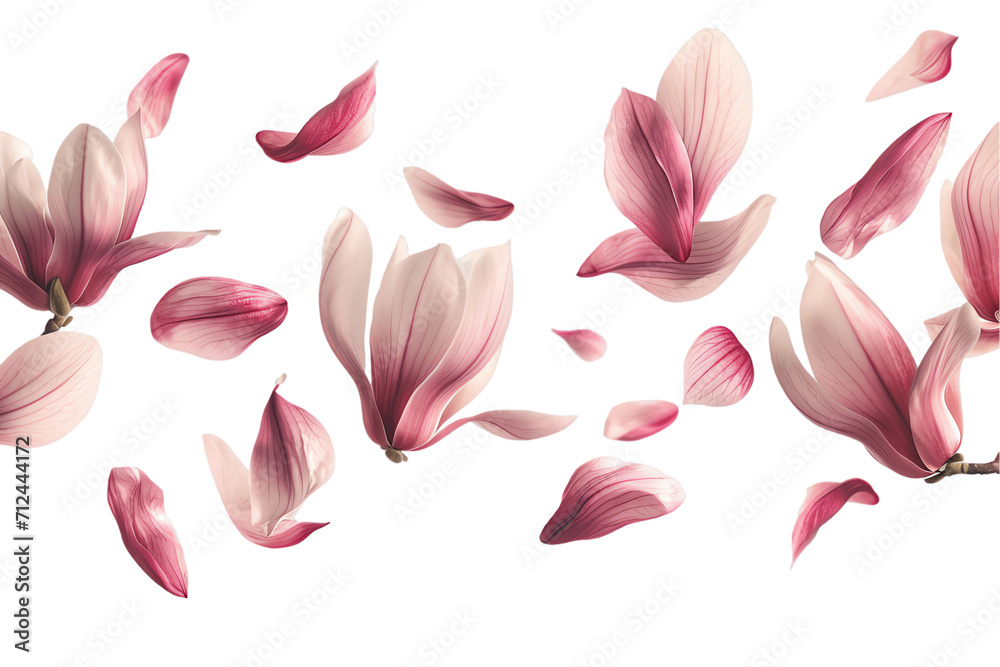 magnolia petals flew isolated on white background - obrazy, fototapety, plakaty 