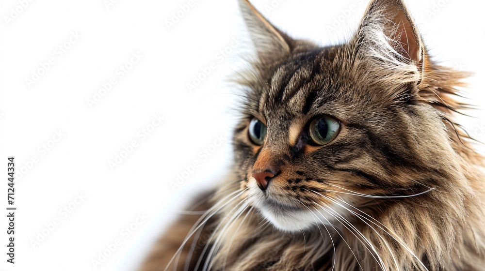 Long-haired feline sitting and glancing away, captured in a full-body shot against a white backdrop. Long-haired feline sitting and glancing away, captured in a full-body shot against a white backdrop.