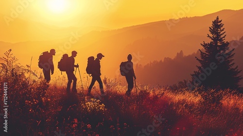 Four youthful trekkers carrying packs hike through mountains during sunset.