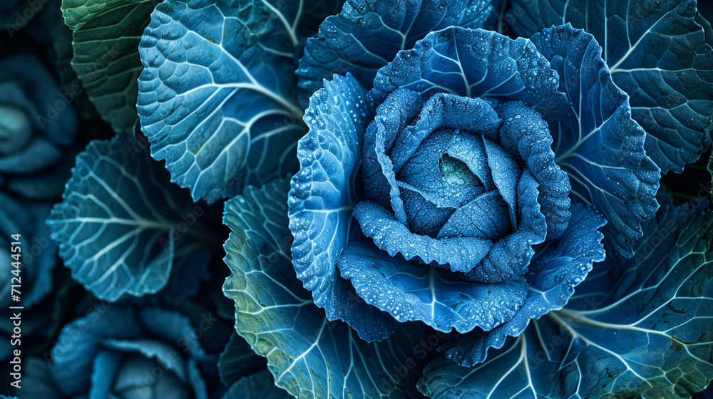 A close-up of blue cabbage with half of its leaves glossy black and the other half bright white, - obrazy, fototapety, plakaty 