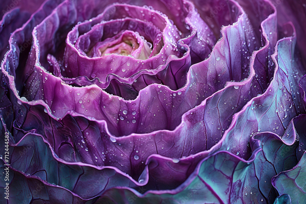 Obraz premium A macro shot of a red cabbage cross-section revealing intricate patterns in shades of deep purple and emerald green,