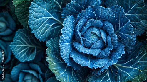 A close-up of blue cabbage with half of its leaves glossy black and the other half bright white 
