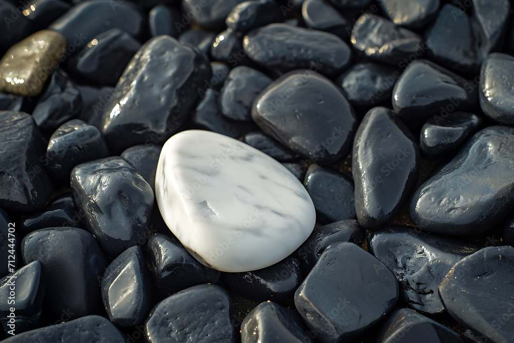 a piece of white stone in a middle of black stones