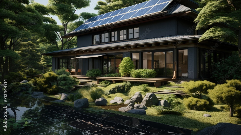 Sustainable living in a solar-powered home integrated with a serene Japanese garden, offering harmony with nature.