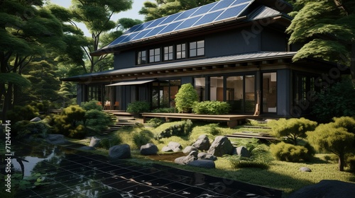 Sustainable living in a solar-powered home integrated with a serene Japanese garden, offering harmony with nature.