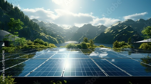 Solar panels harnessing sustainable energy in a serene mountainous landscape, reflecting the sun's power. photo