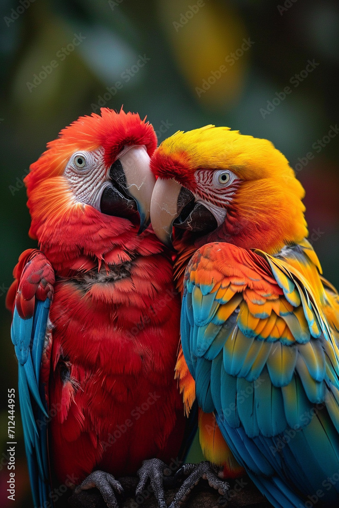 An image of two colorful parrots forming a heart with their beaks and tails,