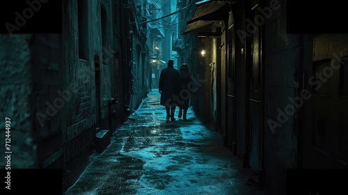 a dark alleyway with couple of people walking at night
