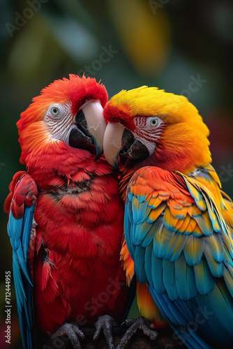 An image of two colorful parrots forming a heart with their beaks and tails,