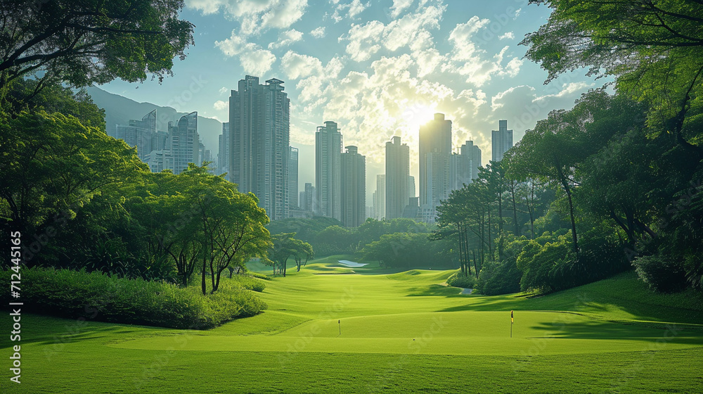 A surreal scene of a golf course that blends into a cityscape, with skyscrapers as part of the course, A surreal scene of a golf course that blends into a cityscape, with skyscrapers as part of the course,